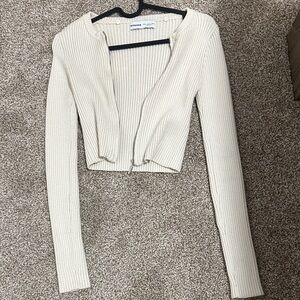 Bershka Cream Ribbed Zip-Up Long Sleeve Crop Top